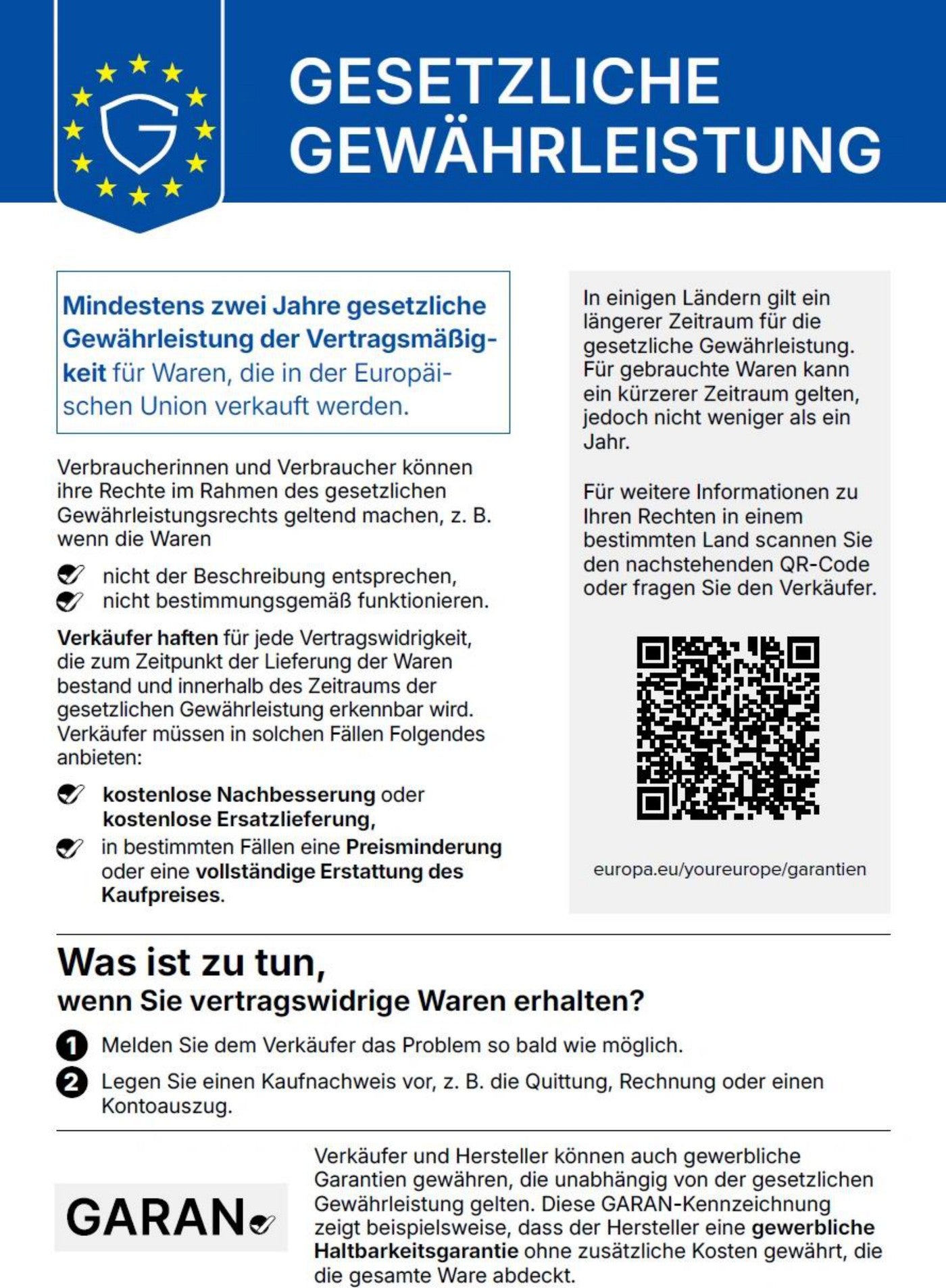 EU-Hinweis Gesetzliche Gewährleistung: Mindestens zwei Jahre gesetzliche Gewährleistung der Vertragsmäßigkeit für Waren, die in der Europäischen Union verkauft werden.